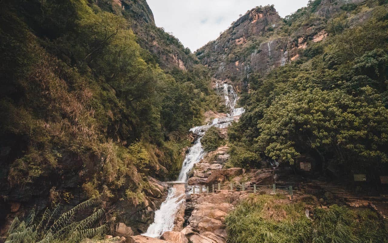 Ravana Falls cascading over rock steps near Ella, Sri Lanka